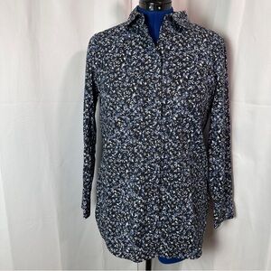 Lafayette 148 New York Dark Navy Blue Leaf Print Button Down Blouse - Size M